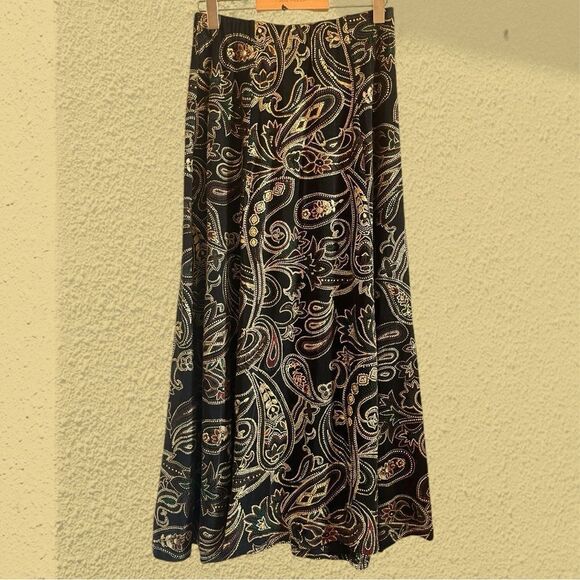 90s vintage black midi slinky skirt faux buttons gold paisley - Picture 4 of 9